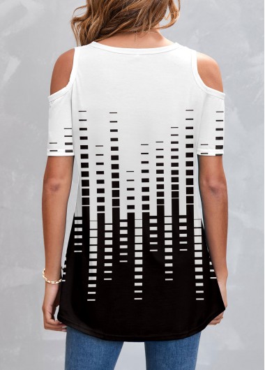 White tops,Geometric tops,Cold Shoulder White Geometric Print T Shirt