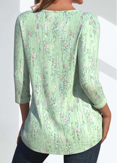 Light Green tops,Geometric tops,Dot tops,ROTITA Button Geometric Print Light Green Round Neck T Shirt