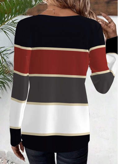 Deep Red tops,Black tops,Striped tops,Geometric tops,ROTITA Striped Deep Red Round Neck Long Sleeve T Shirt