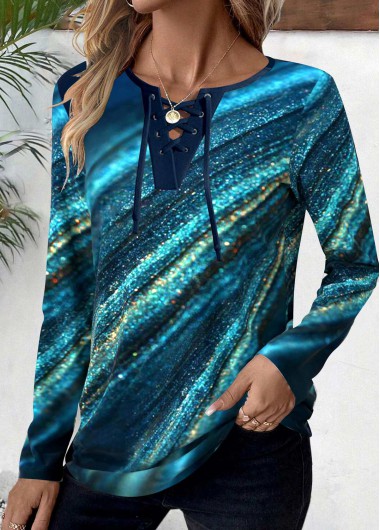 Peacock Blue tops,Ombre tops,Striped tops,Geometric tops,ROTITA Lace Up Ombre Peacock Blue Long Sleeve T Shirt
