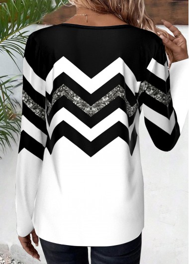 Black tops,White tops,Striped tops,Geometric tops,Chevron tops,ROTITA Patchwork Striped Black Round Neck Long Sleeve T Shirt