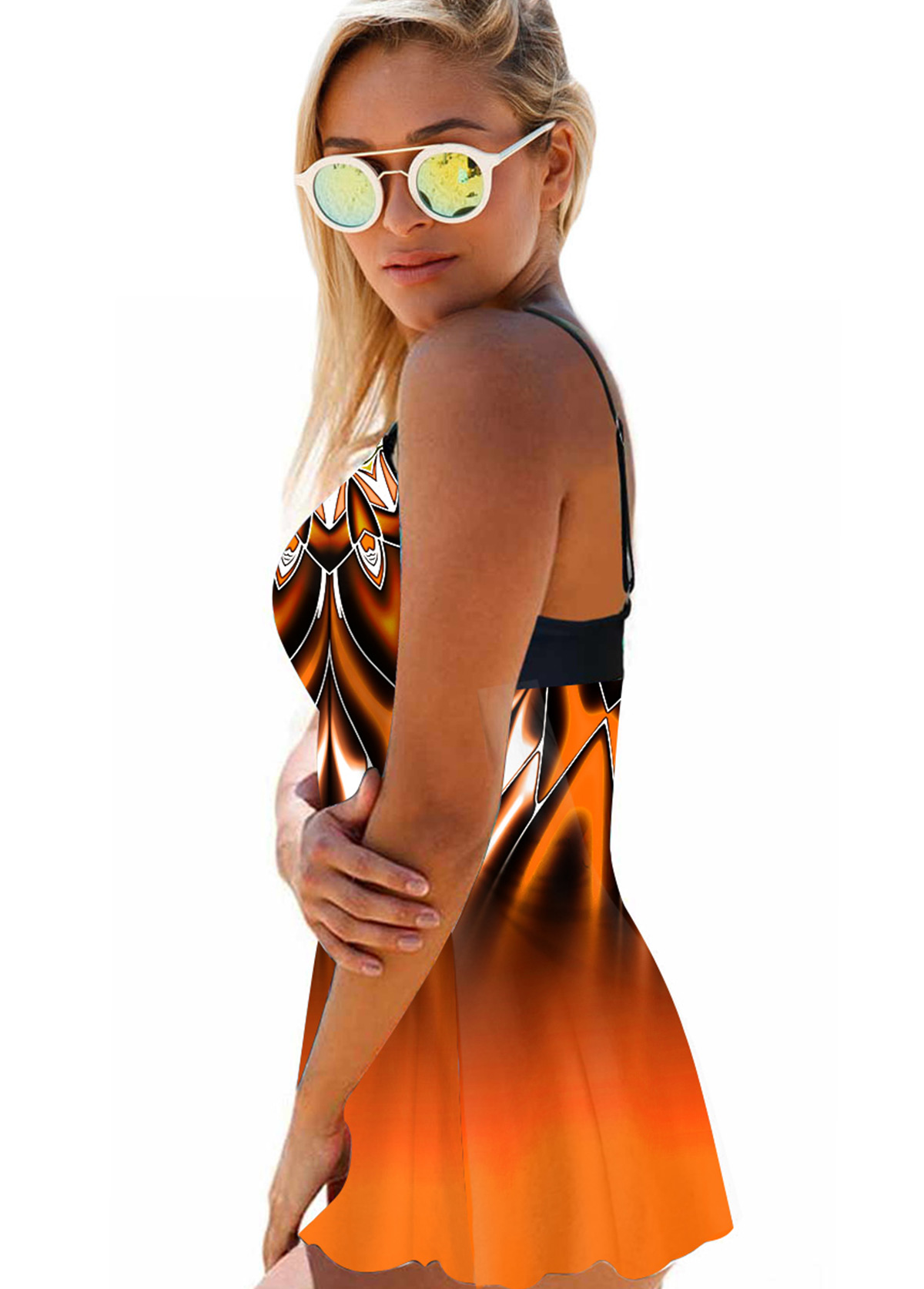 Orange swimwear,Ombre swimwear,ROTITA Cross Strap Tribal Print Ombre Swimdress and Panty 