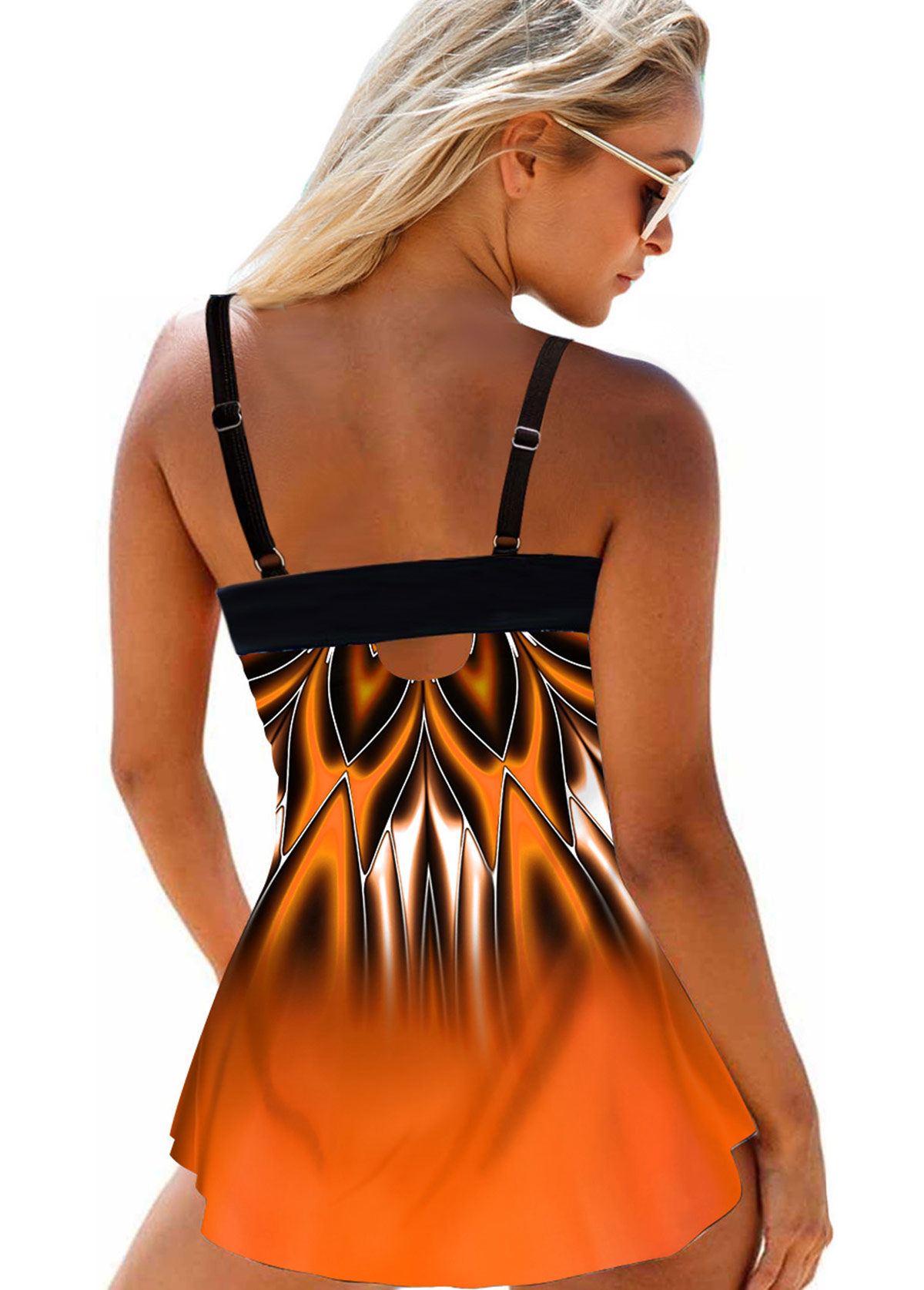Orange swimwear,Ombre swimwear,ROTITA Cross Strap Tribal Print Ombre Swimdress and Panty 