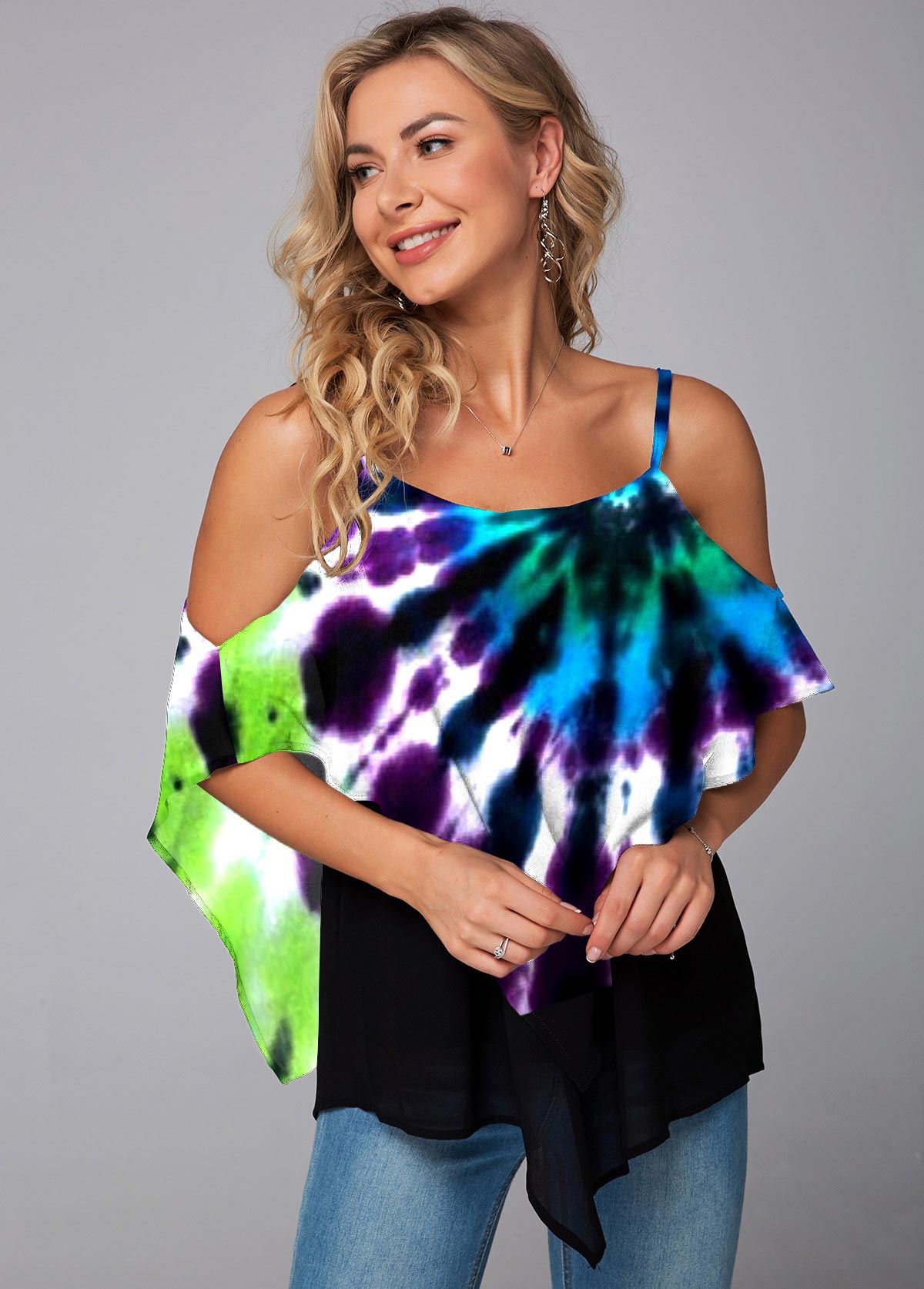 Multi Color tops,Rainbow Color tops,Tie Dye tops,ROTITA Asymmetric Hem Tie Dye Print Mesh Stitching T Shirt
