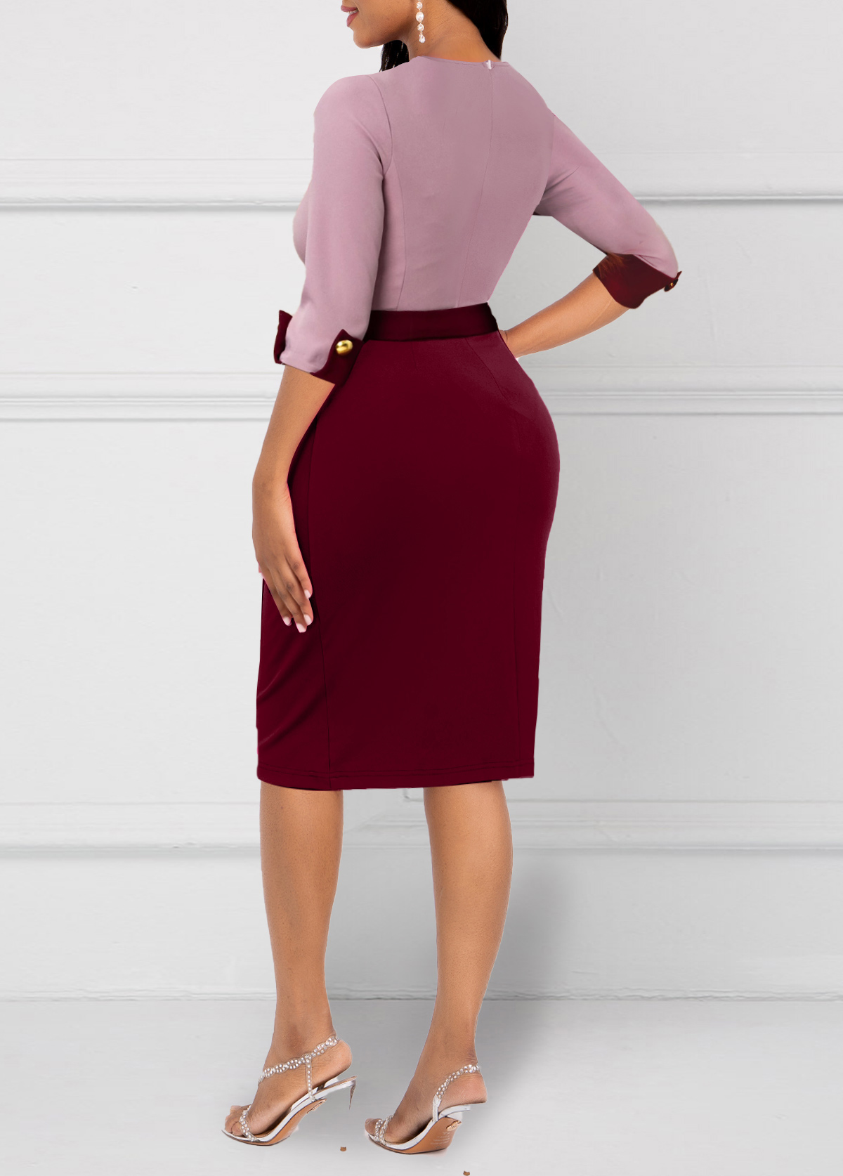Wine Red dresses,Contrast Color dresses,Party dresses,Elegant dresses,ROTITA Decorative Button Wine Red 3/4 Sleeve Bodycon Dress