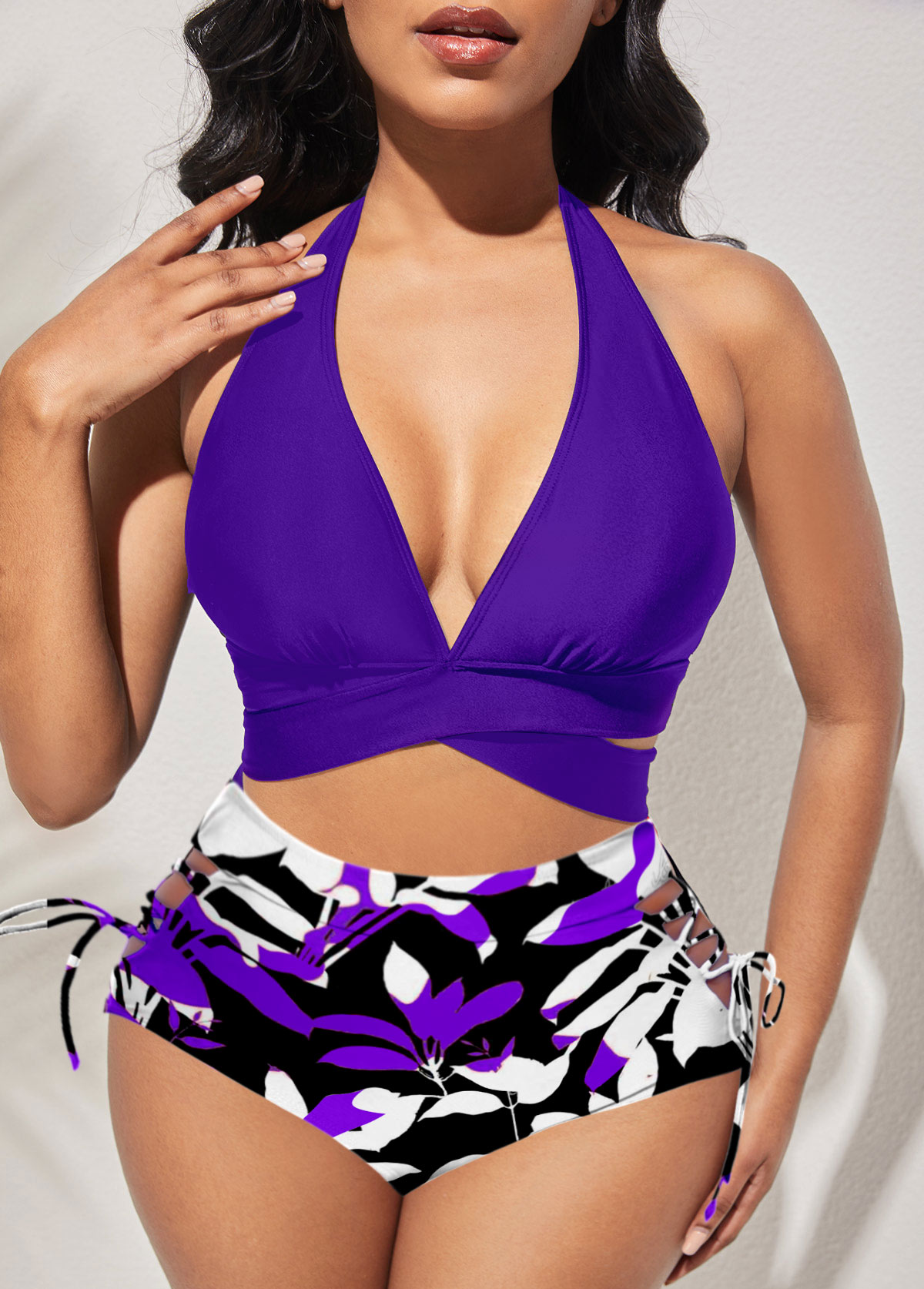 Purple swimwear,Plain Color swimwear,ROTITA Tie Criss Cross Purple Bikini Top