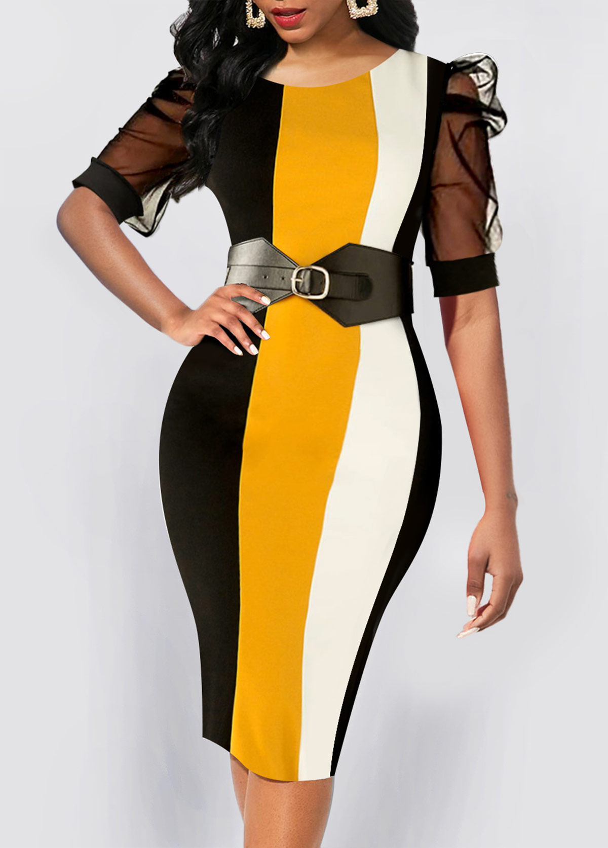 Multi Color dresses,Striped dresses,Geometric dresses,Party dresses,Elegant dresses,ROTITA Mesh Striped Multi Color Round Neck Bodycon Dress