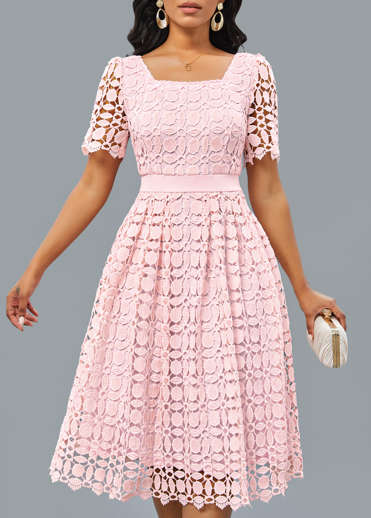 ROTITA Patchwork Light Pink Square Neck Short Sleeve Dress