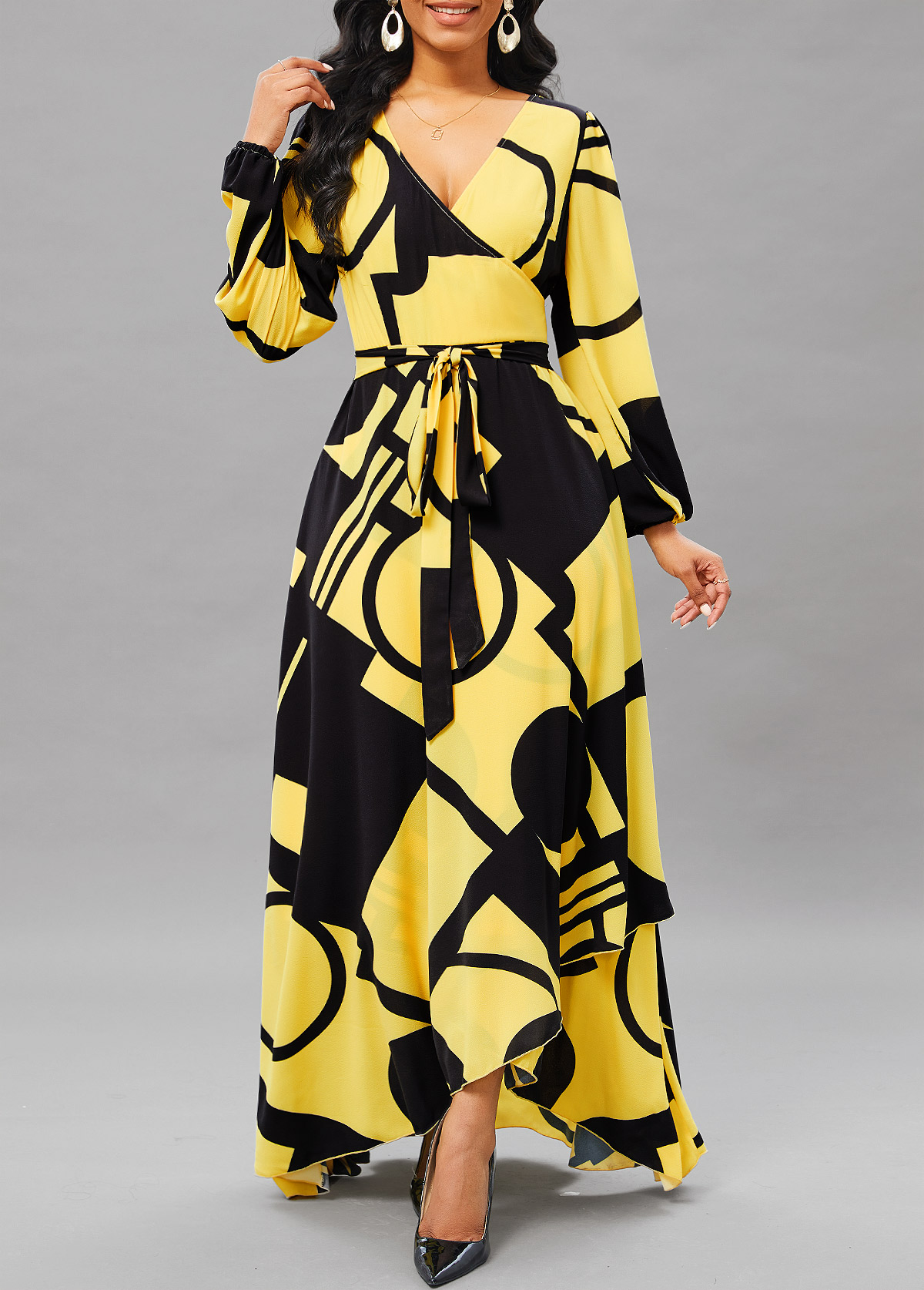 ROTITA Cross Hem Geometric Print Light Yellow High Low Dress