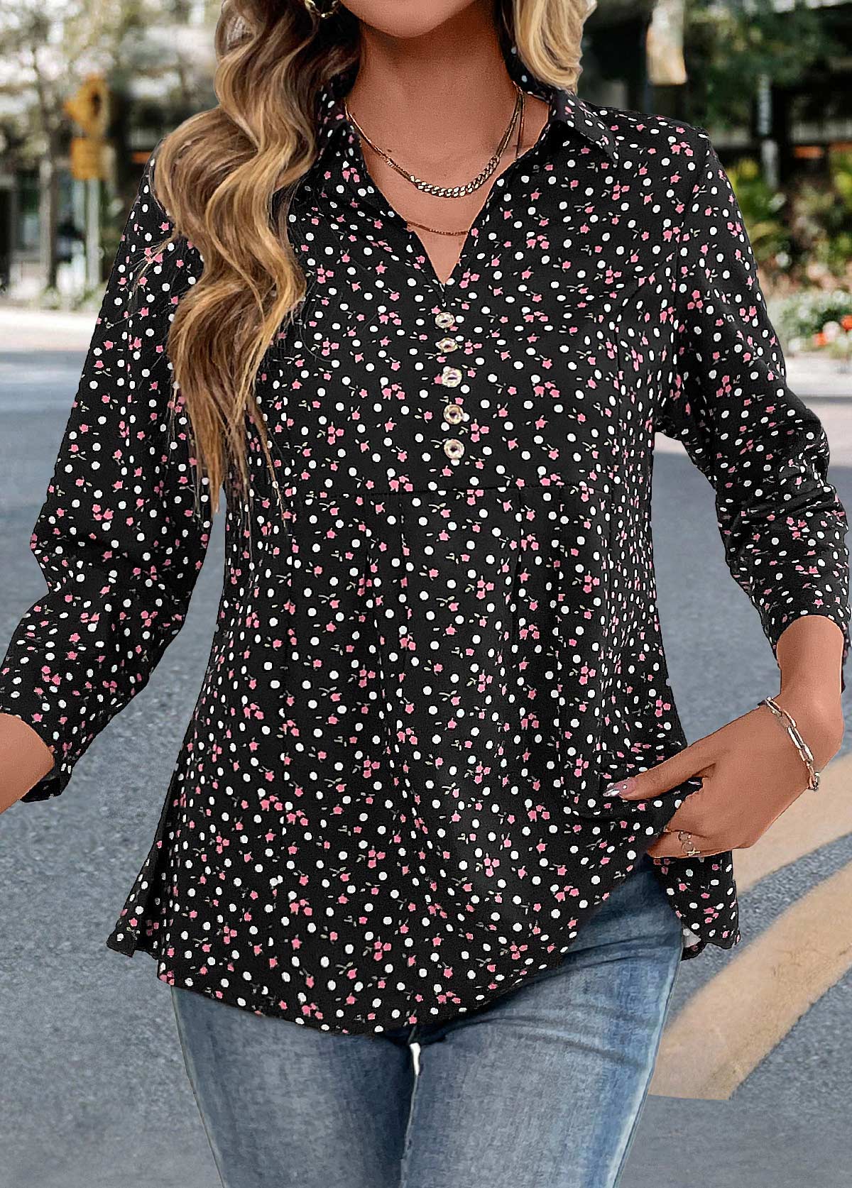 Black Friday Button Ditsy Floral Print Shirt Collar Blouse