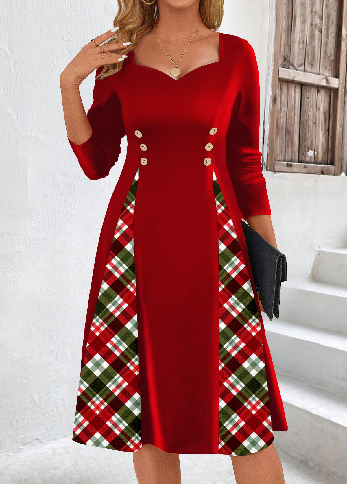 rotita patchwork plaid robe à manches longues col coeur rouge