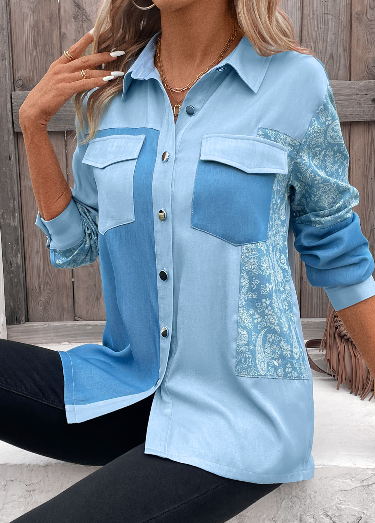 ROTITA Patchwork Paisley Print Denim Blue Shirt Collar Blouse