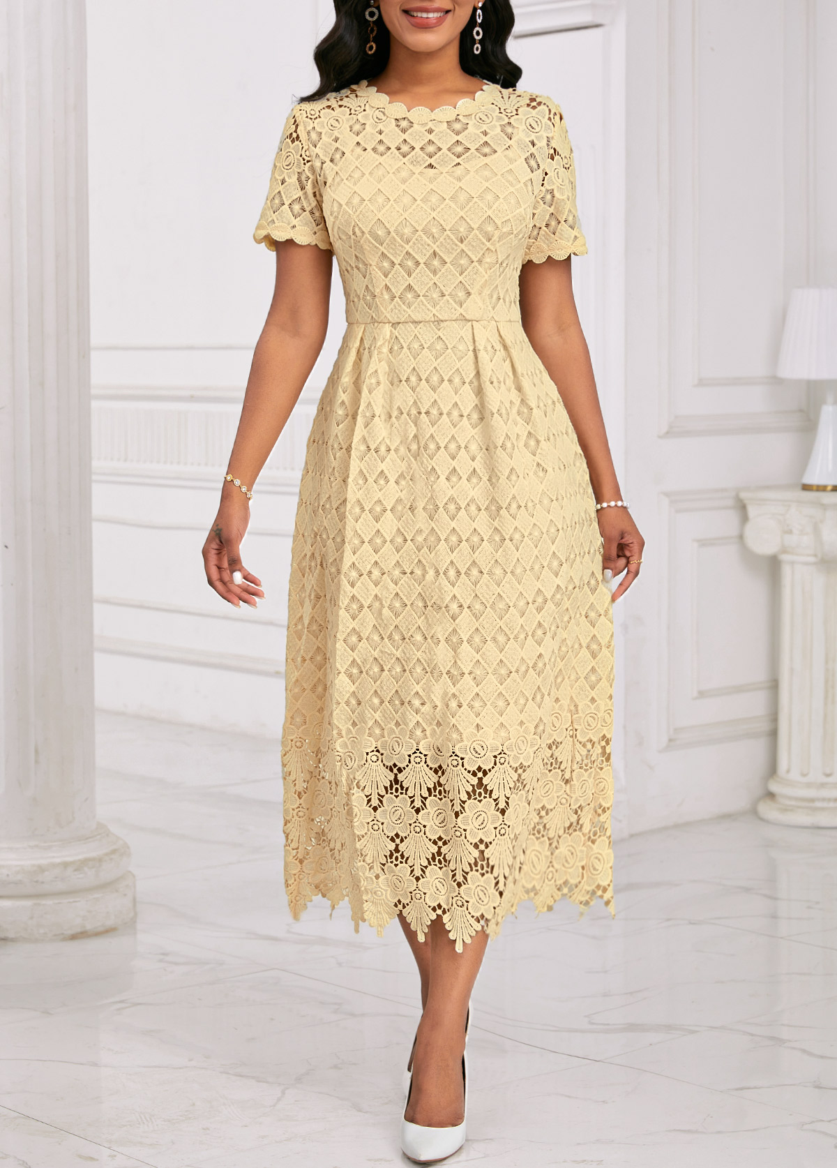 ROTITA Embroidery Light Yellow Round Neck Short Sleeve Dress