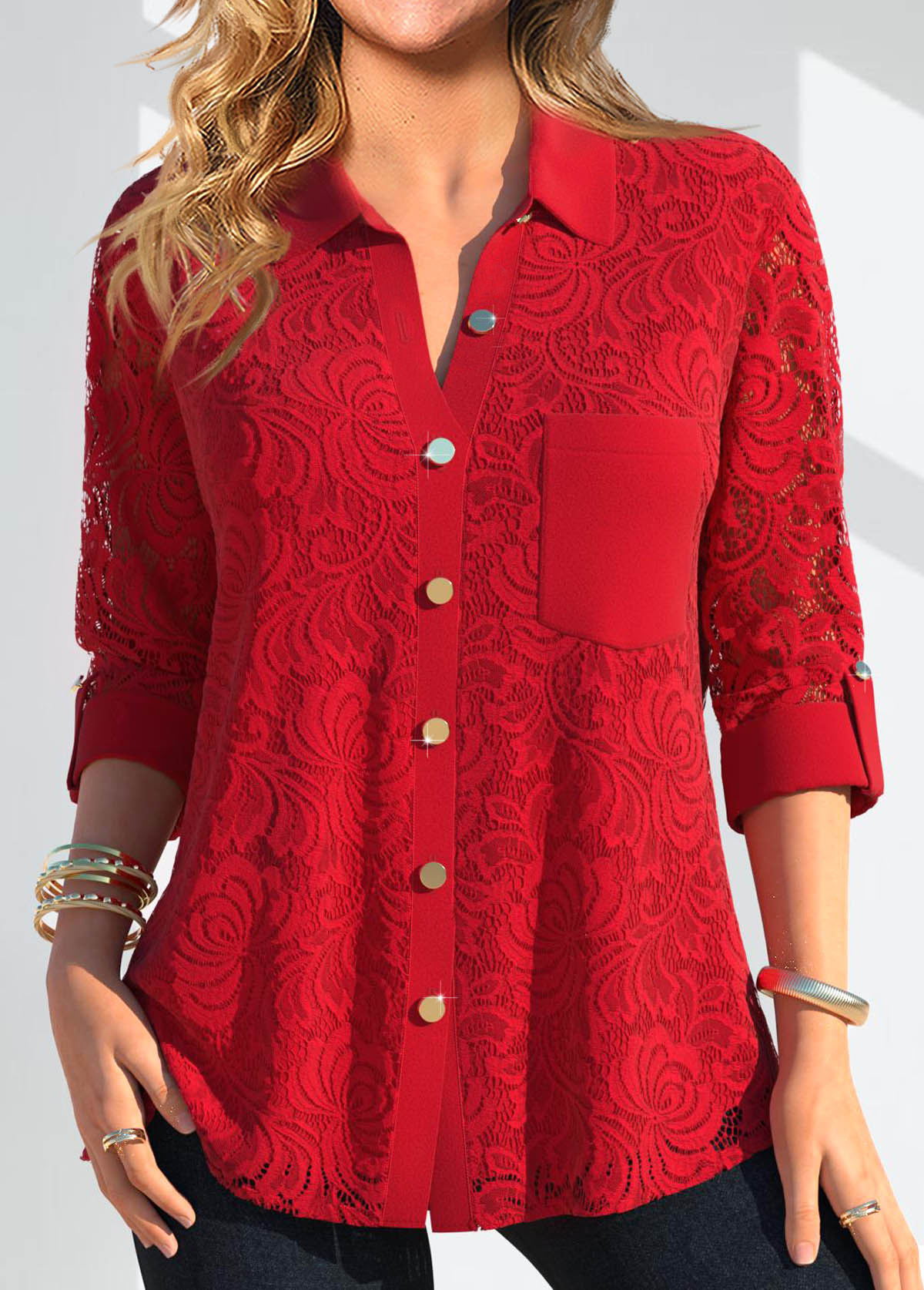 ROTITA Lace Red Shirt Collar Long Sleeve Blouse