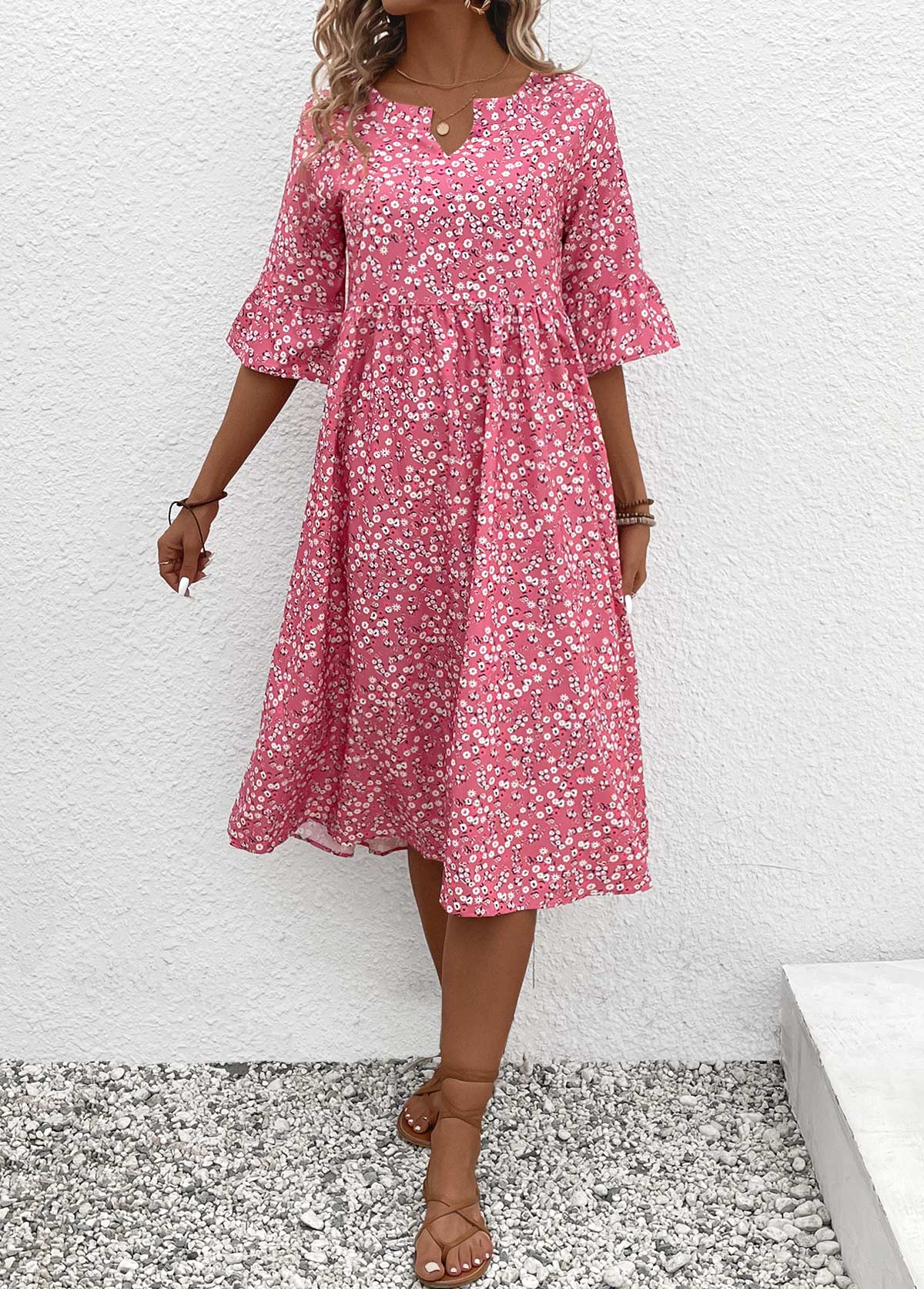 Ruched Ditsy Floral Print Pink Split Neck Dress