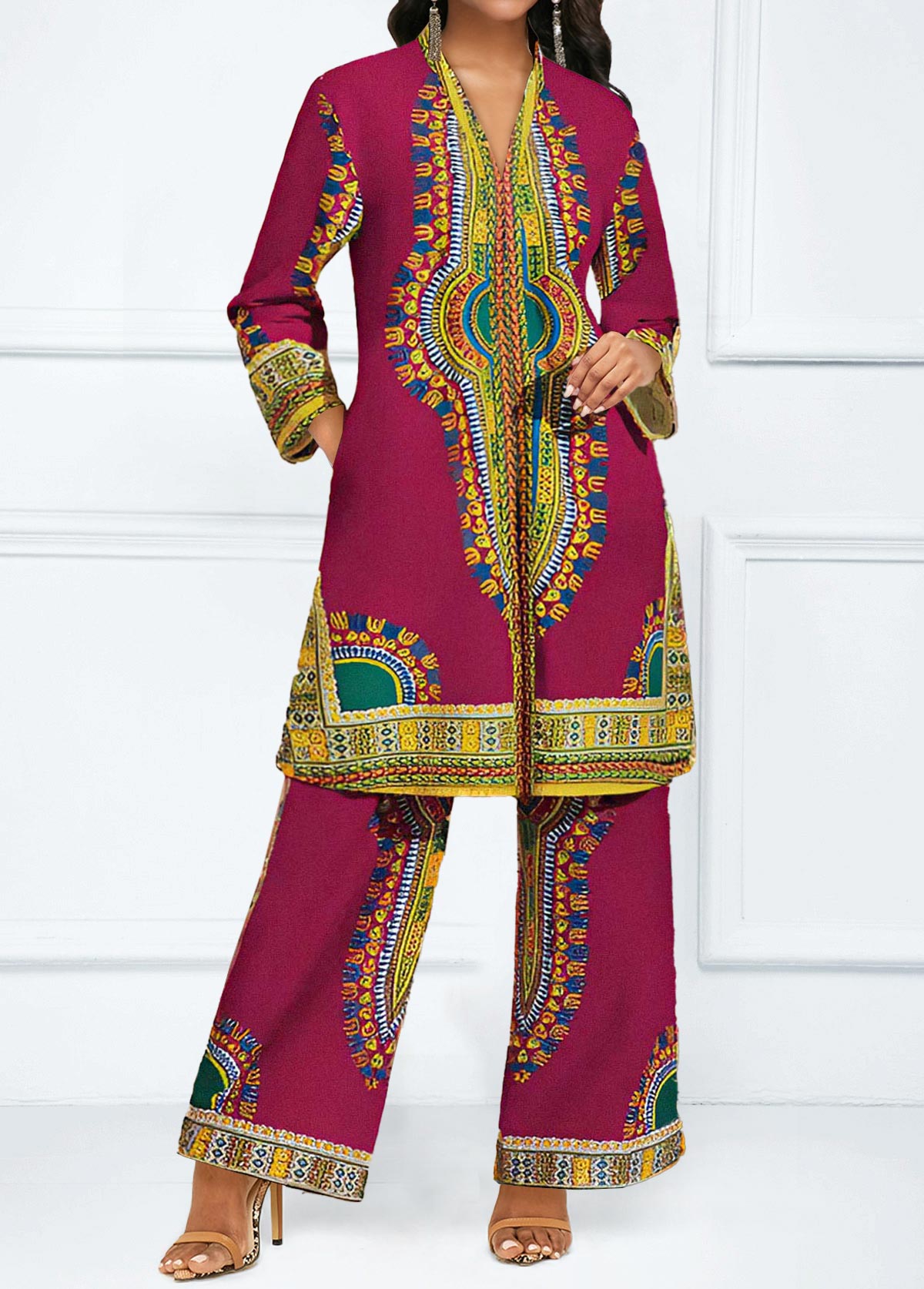 Hot Pink jumpsuits&rompers,Tribal jumpsuits&rompers,Striped jumpsuits&rompers,Geometric jumpsuits&rompers,ROTITA Zipper African Tribal Print Hot Pink Top  and Pants