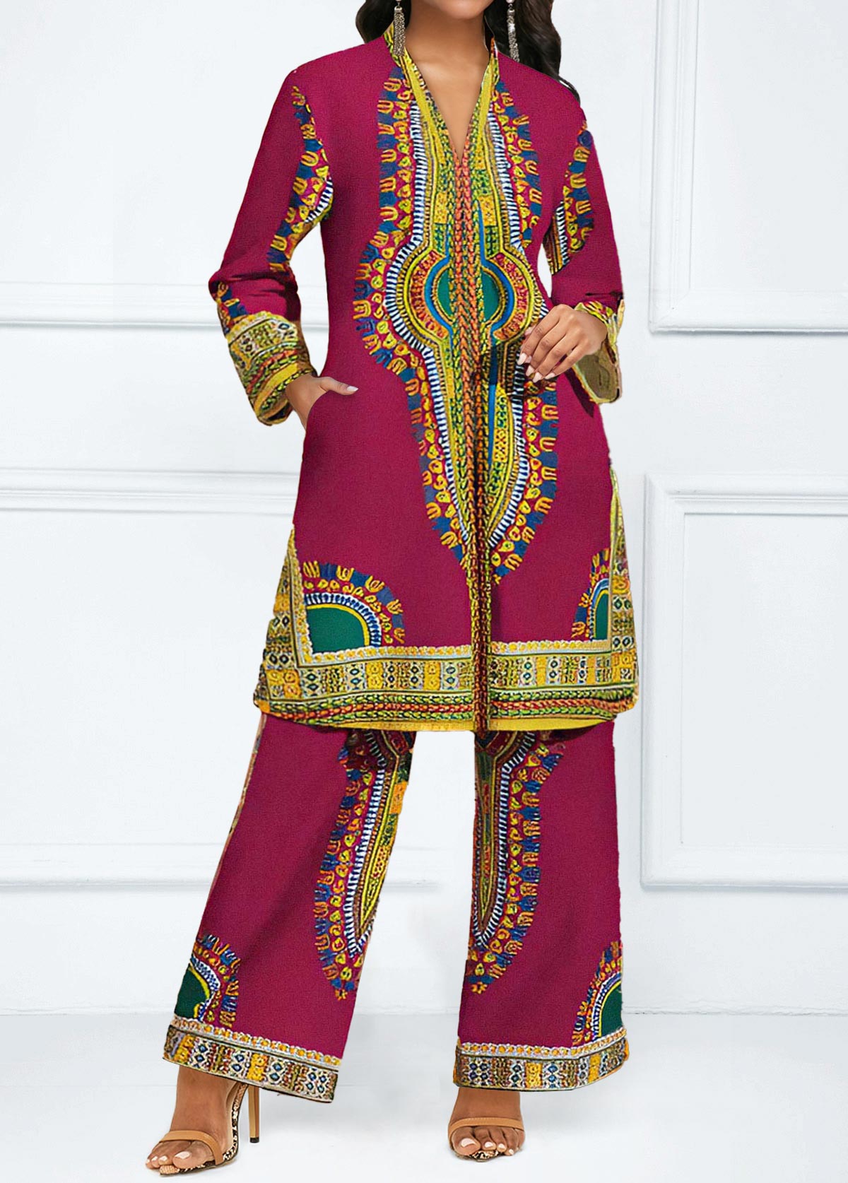 Hot Pink jumpsuits&rompers,Tribal jumpsuits&rompers,Striped jumpsuits&rompers,Geometric jumpsuits&rompers,ROTITA Zipper African Tribal Print Hot Pink Top  and Pants
