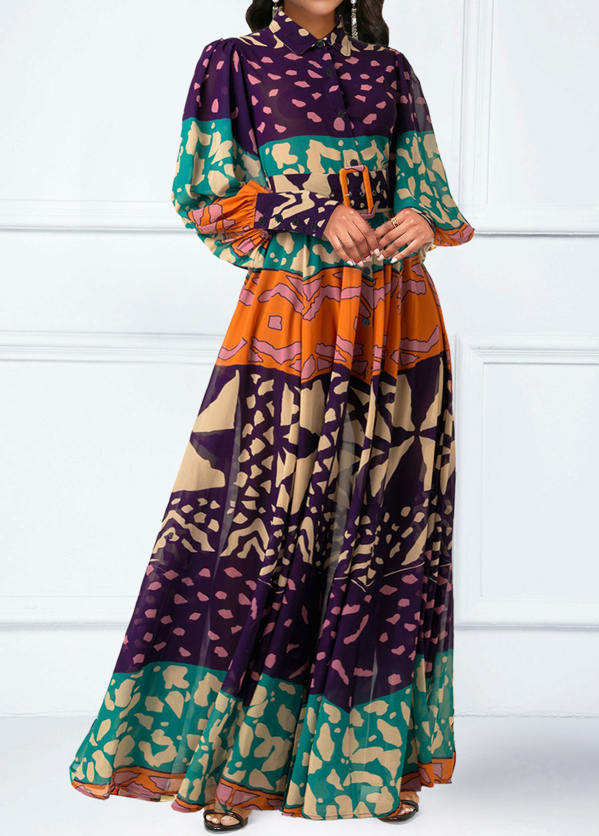 Rotita - Robe longue fendue à imprimé tribal multicolore avec ceinture