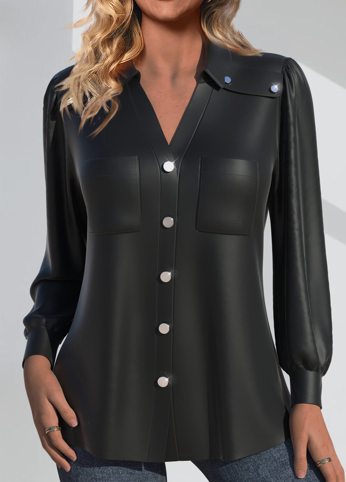 ROTITA Faux Leather Black Shirt Collar Long Sleeve Blouse