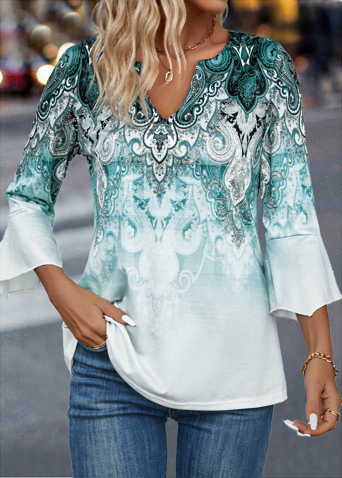 Split Ombre Turquoise 3/4 Sleeve T Shirt