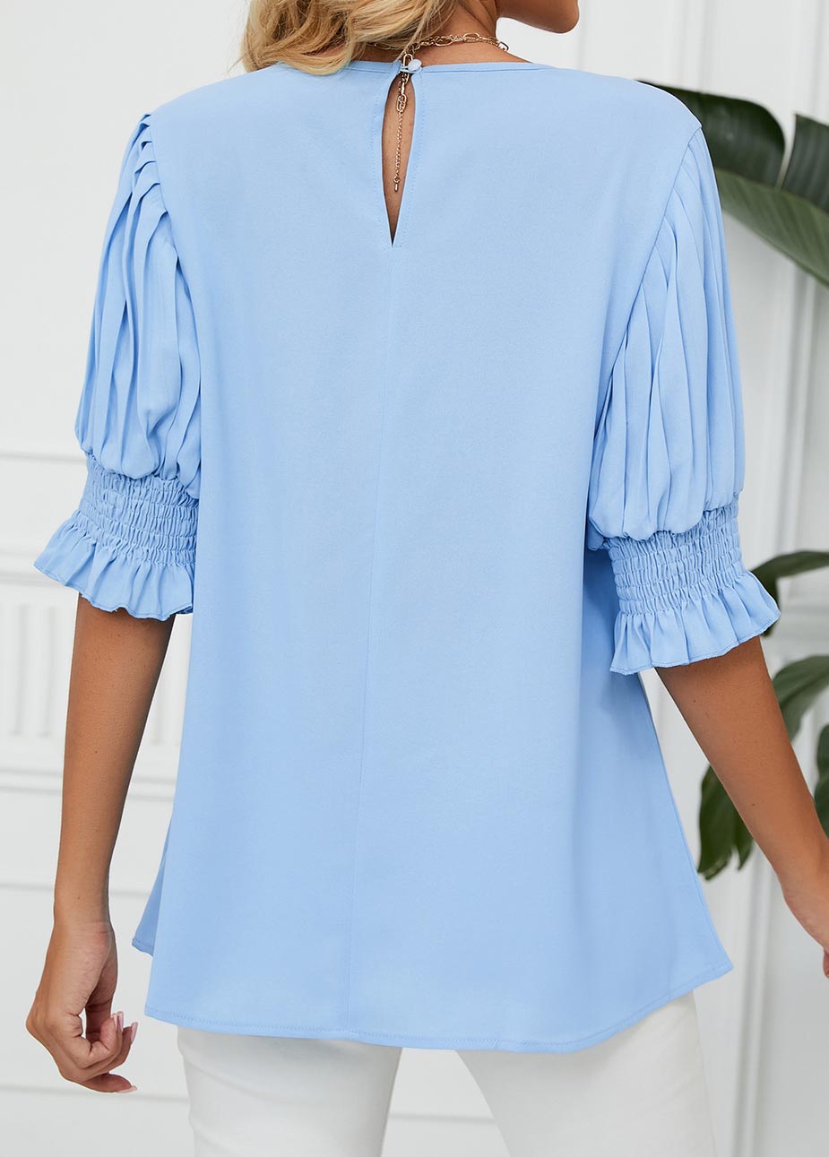 Smocked Light Blue Round Neck Half Sleeve Blouse