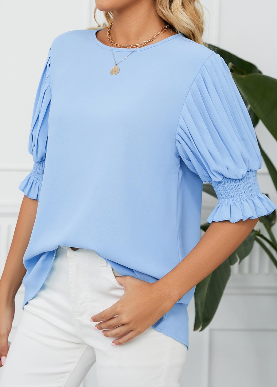 Smocked Light Blue Round Neck Half Sleeve Blouse