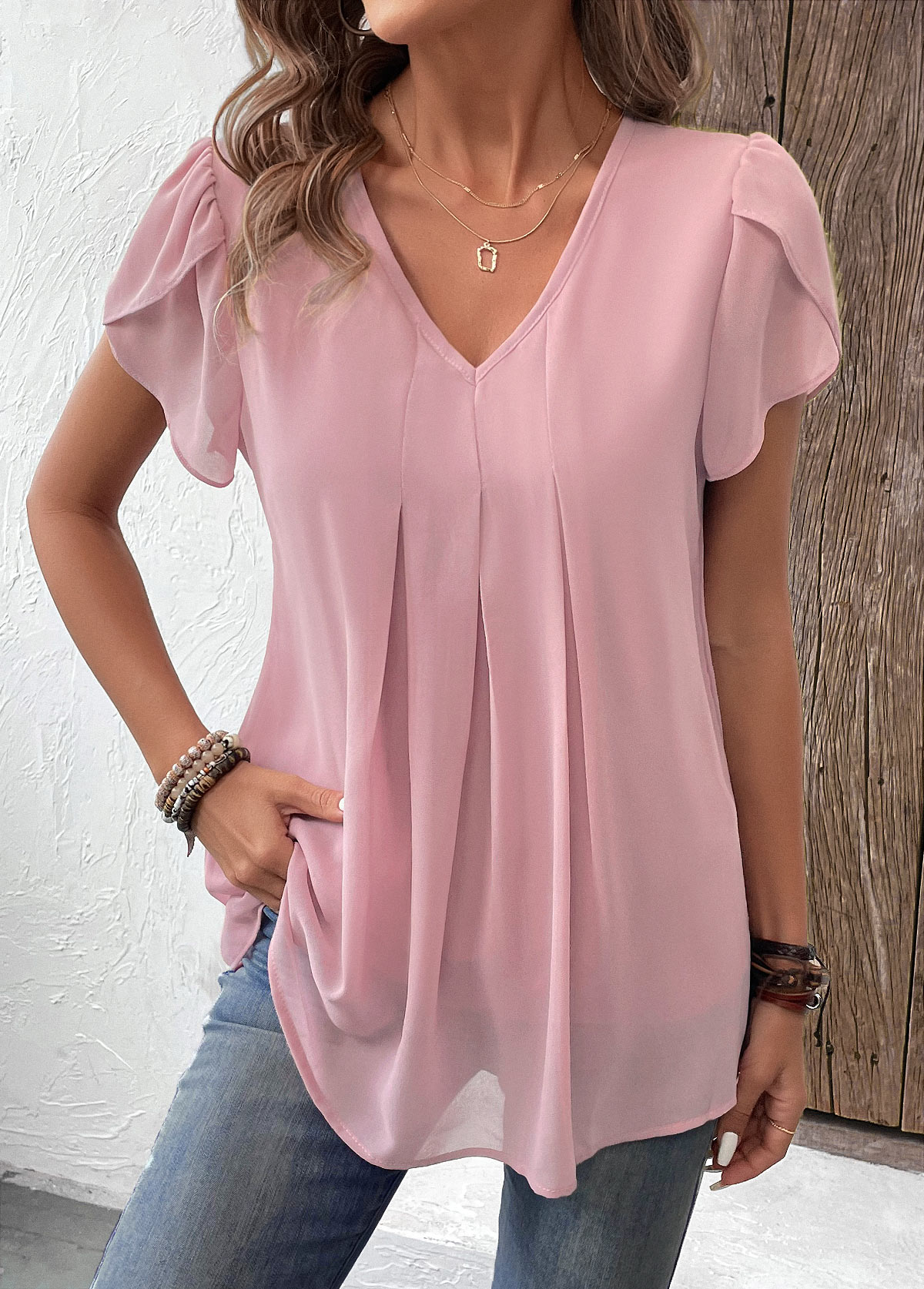 Ruched Dusty Pink V Neck Short Sleeve Blouse