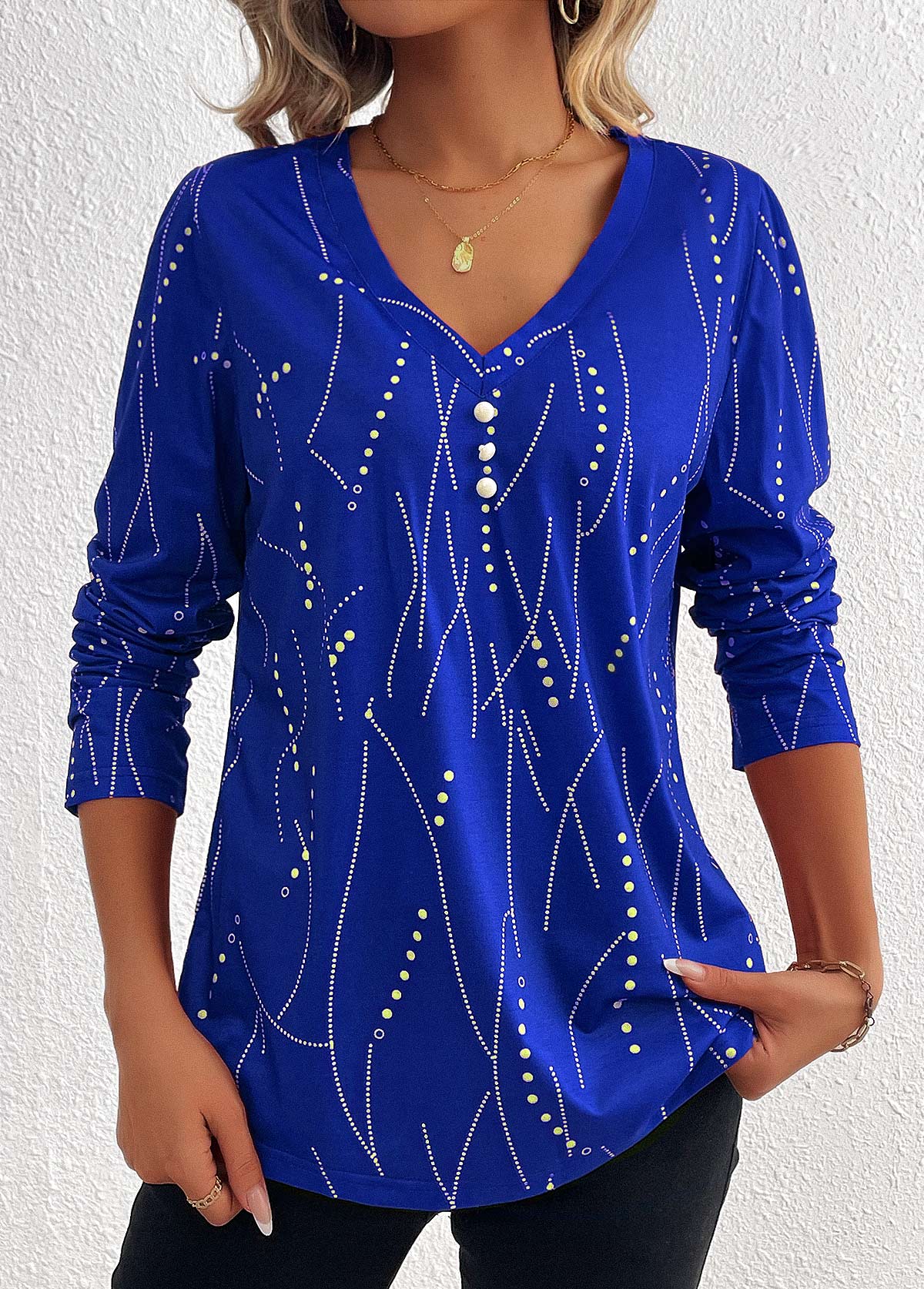 rotita t-shirt boutonné grande taille à imprimé géométrique bleu foncé