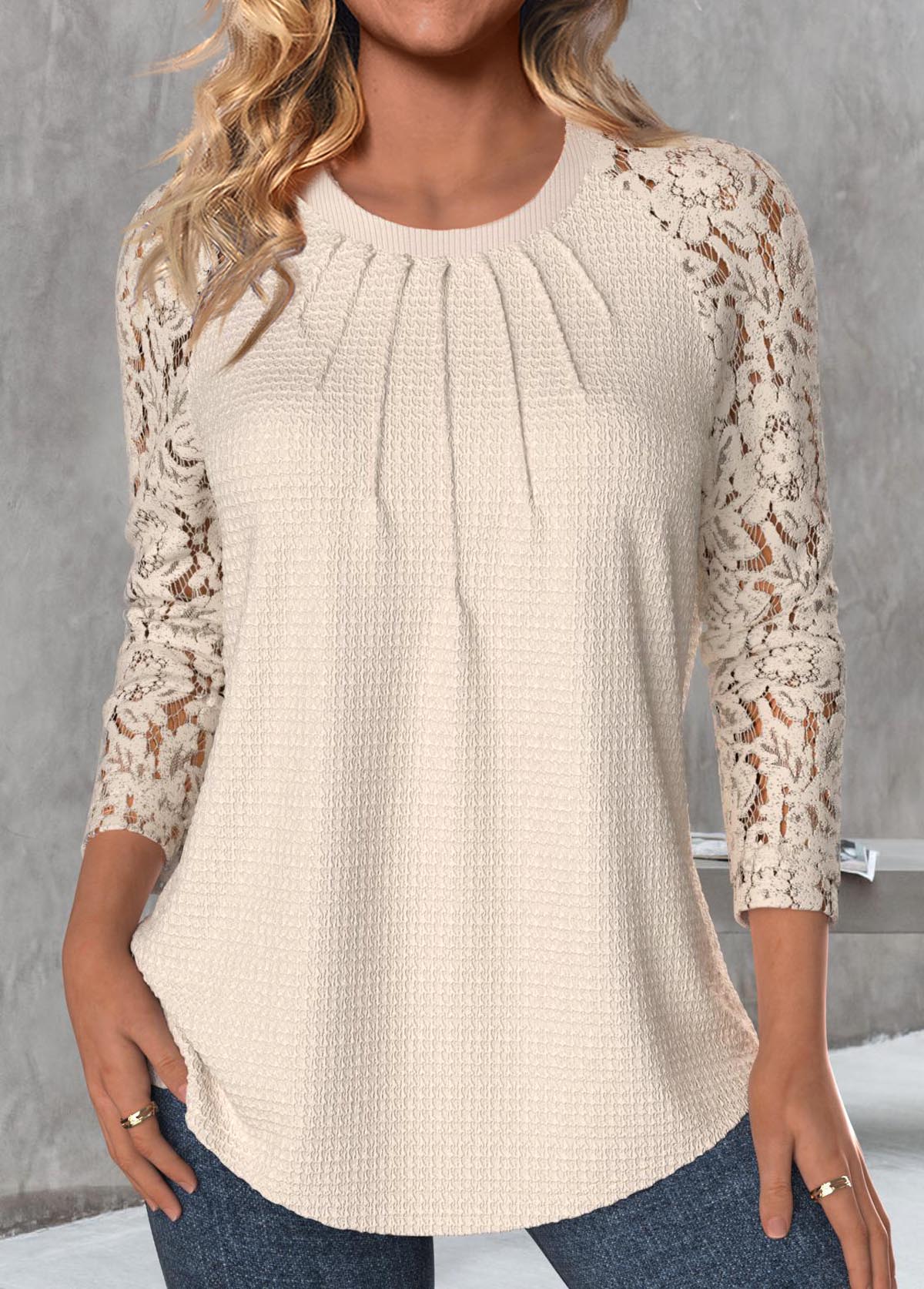 ROTITA Lace Skin Color Round Neck Long Sleeve T Shirt