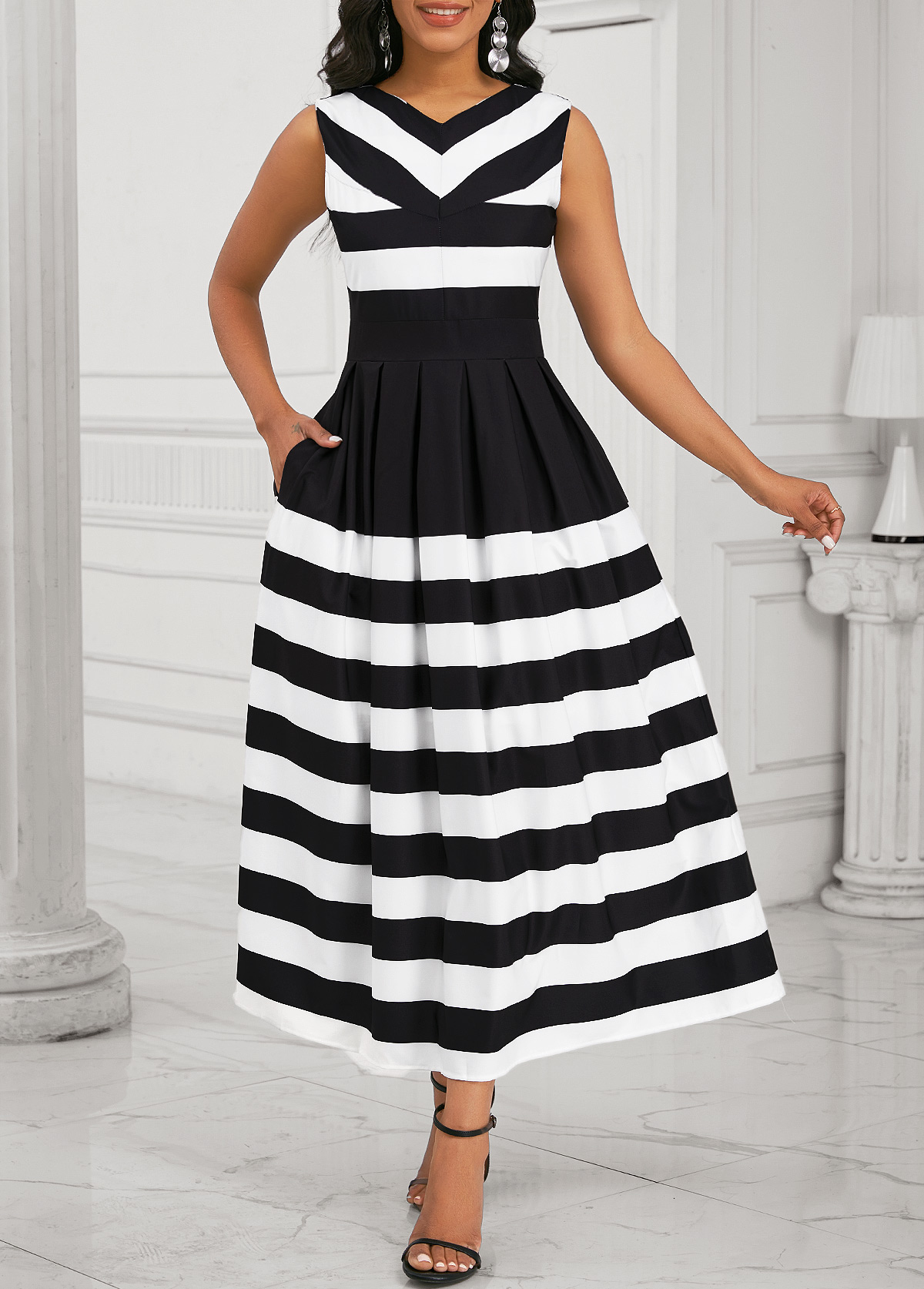 ROTITA Pocket Striped Black V Neck Sleeveless Maxi Dress