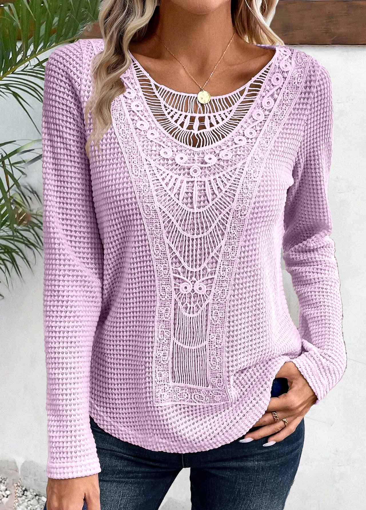 ROTITA Lace Light Purple Round Neck Long Sleeve T Shirt