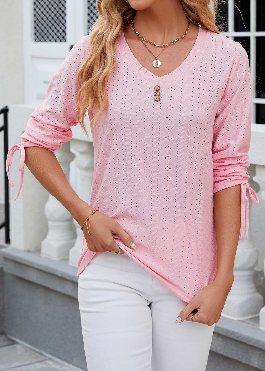 Button Pink V Neck Long Sleeve T Shirt