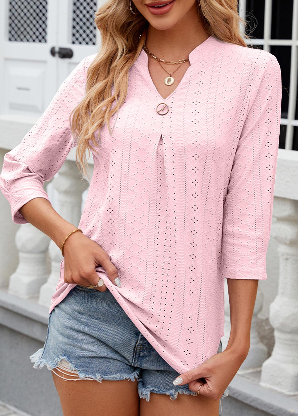 Button Light Pink Split Neck 3/4 Sleeve T Shirt
