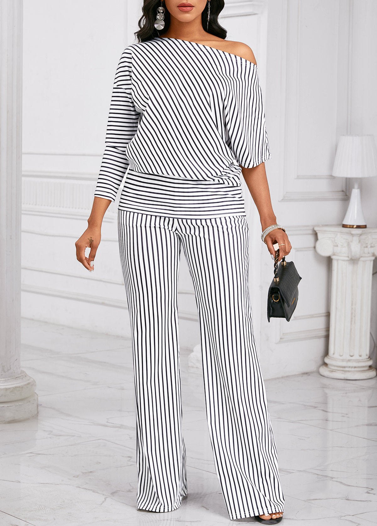 Asymmetry Striped Black Long Off Shoulder Top and Pants