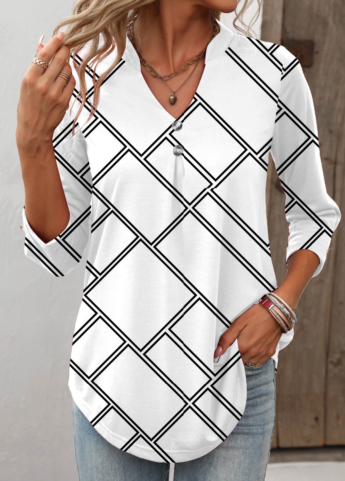 ROTITA Button Geometric Print White Split Neck T Shirt