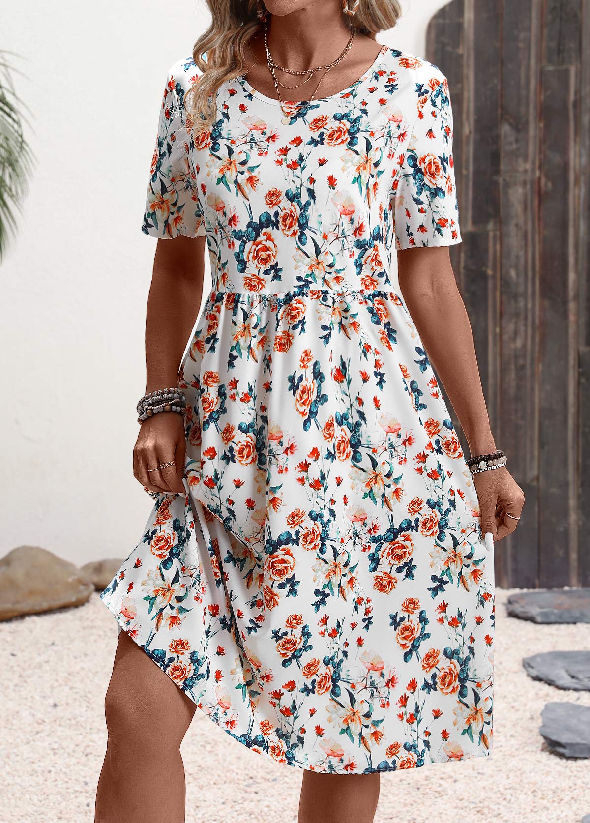 Double Side Pockets Floral Print White Round Neck Dress