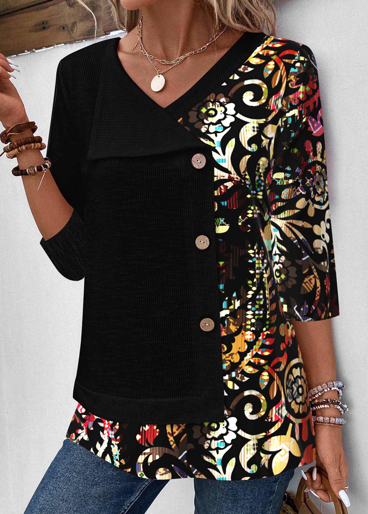 Black tops,Tribal tops,Plants tops,ROTITA Fake 2in1 Tribal Print Black V Neck T Shirt