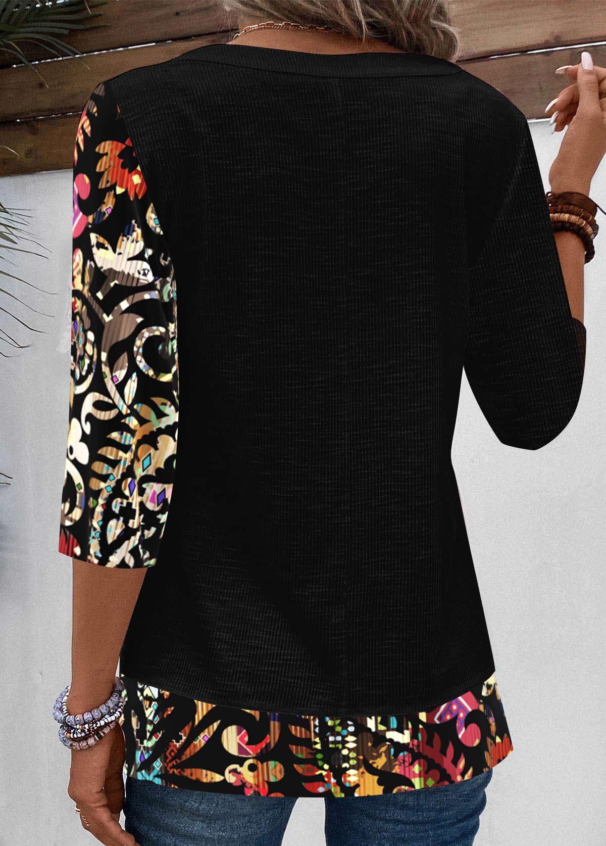 Black tops,Tribal tops,Plants tops,ROTITA Fake 2in1 Tribal Print Black V Neck T Shirt