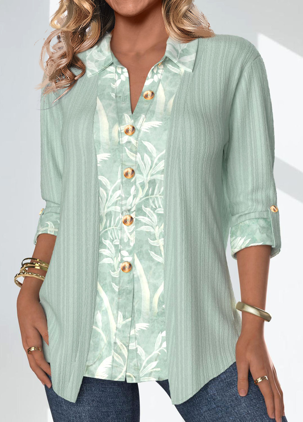 Sage Green tops,Plants tops,ROTITA Patchwork Leaf Print Sage Green Shirt Collar Blouse