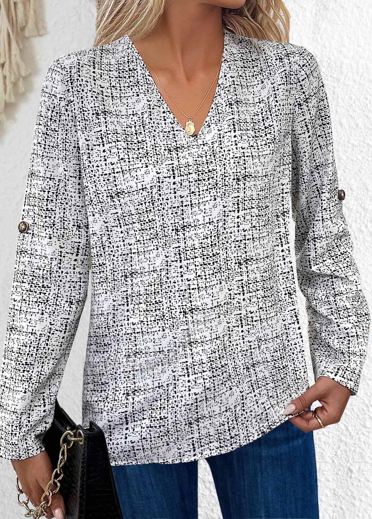 ROTITA Button Graffiti Print Black V Neck Long Sleeve Blouse