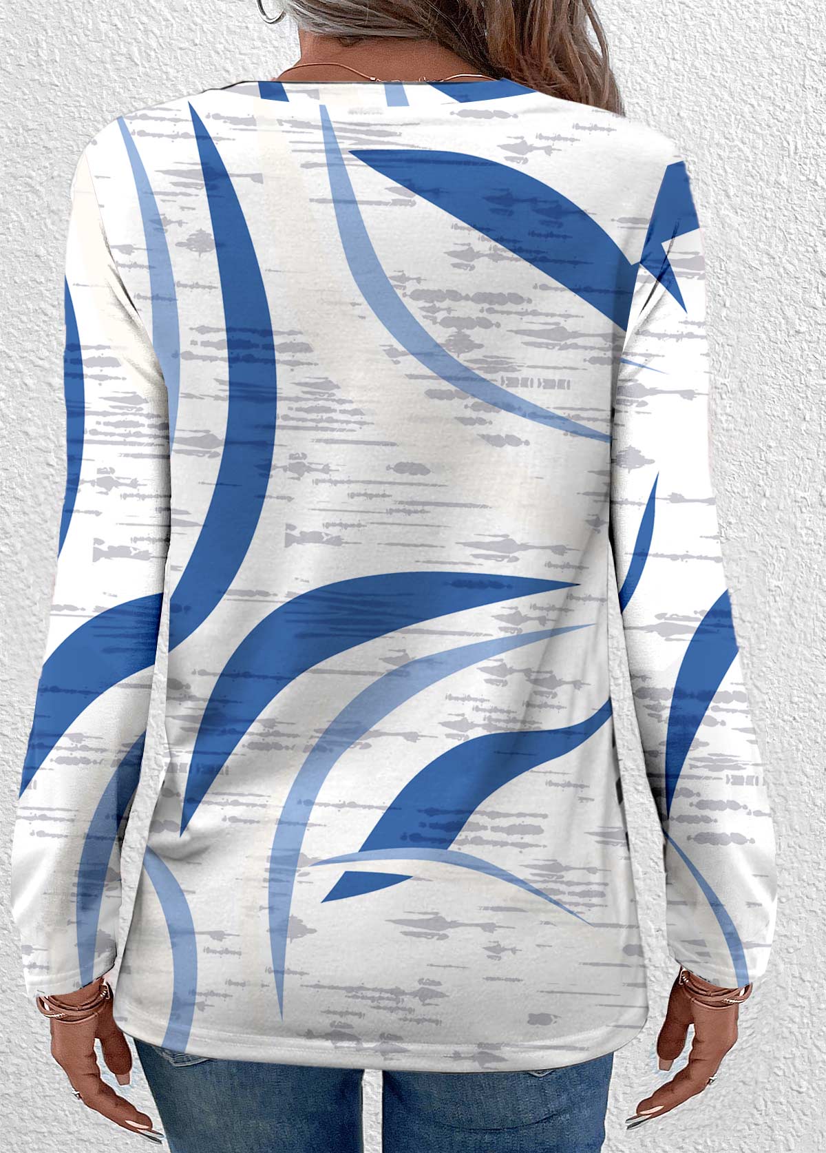 Blue plus size,White plus size,Geometric plus size,Striped plus size,ROTITA Plus Size Lightweight Blue Geometric Print T Shirt