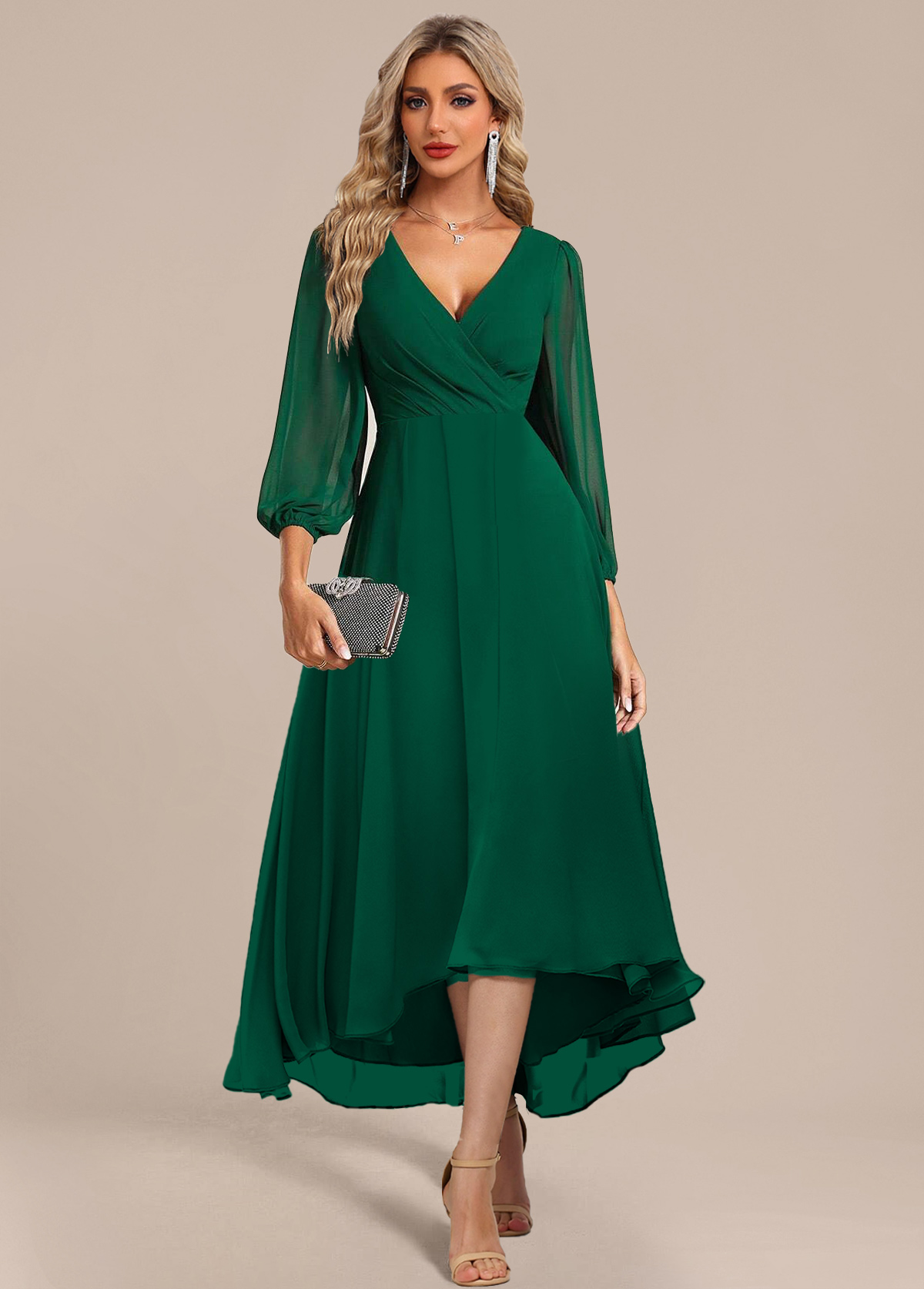 Rotita-Surplice-Kleid mit grünem Reißverschluss und hohem tiefem V-Ausschnitt