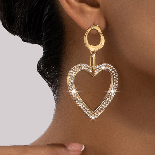 Heart Rhinestone Detail Gold Alloy Earrings
