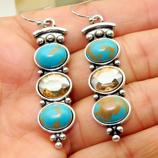 Round Design Turquoise Metal Detail Earrings