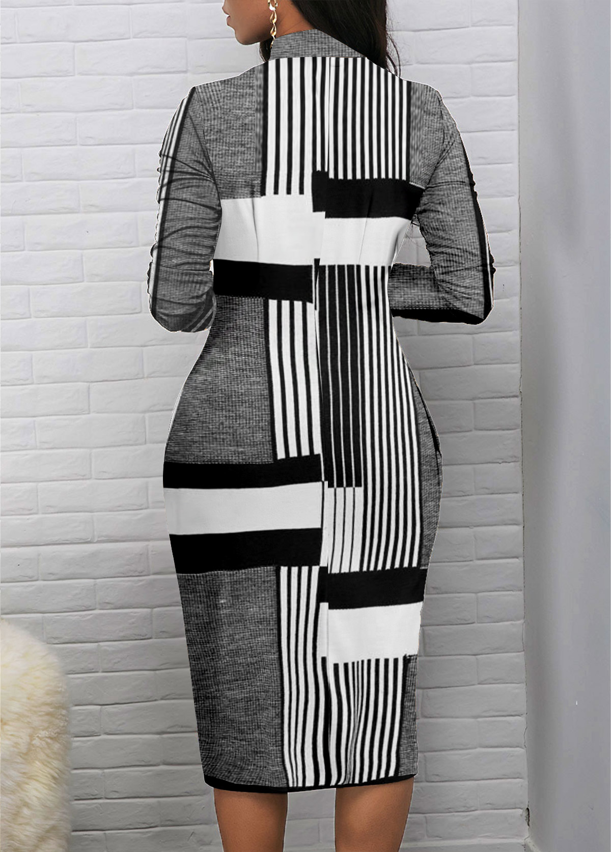Light Grey Marl dresses,Grey dresses,Striped dresses,Geometric dresses,Everyday dresses,Casual dresses,ROTITA Patchwork Striped Light Grey Marl Stand Collar Dress