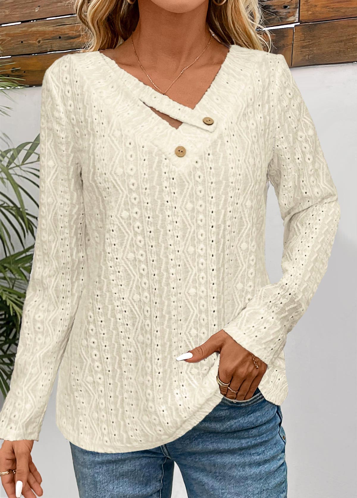 Beige tops,Plain Color tops,ROTITA Textured Fabric Beige V Neck Long Sleeve T Shirt
