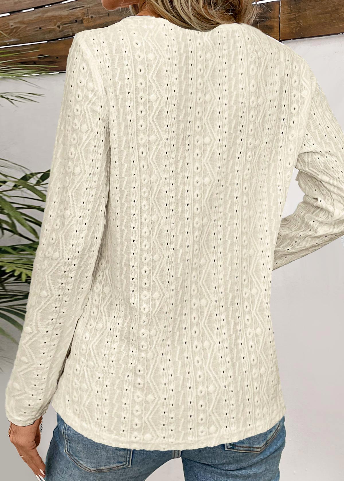 Beige tops,Plain Color tops,ROTITA Textured Fabric Beige V Neck Long Sleeve T Shirt