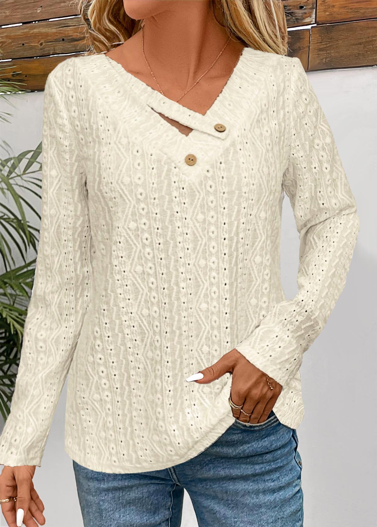 Beige tops,Plain Color tops,ROTITA Textured Fabric Beige V Neck Long Sleeve T Shirt