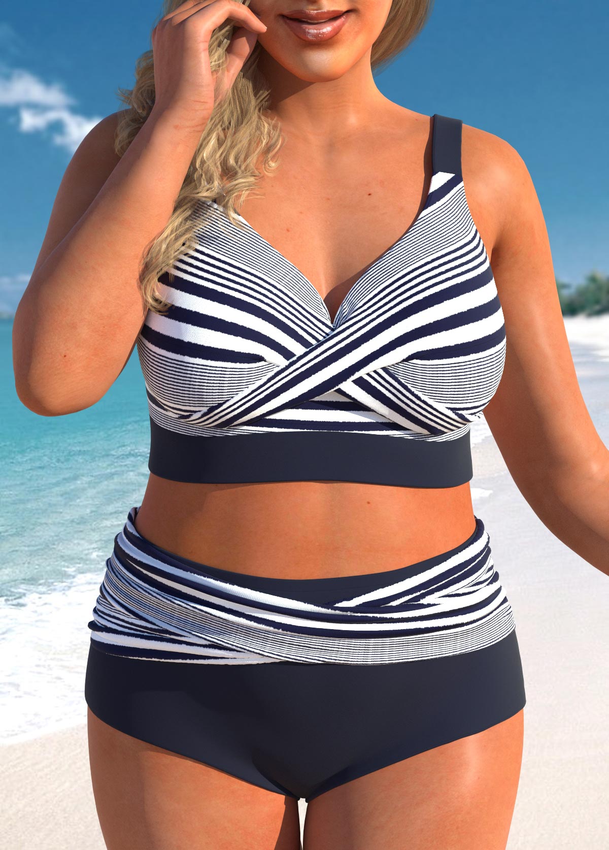 ROTITA Plus Size Criss Cross Striped Navy Bikini Set