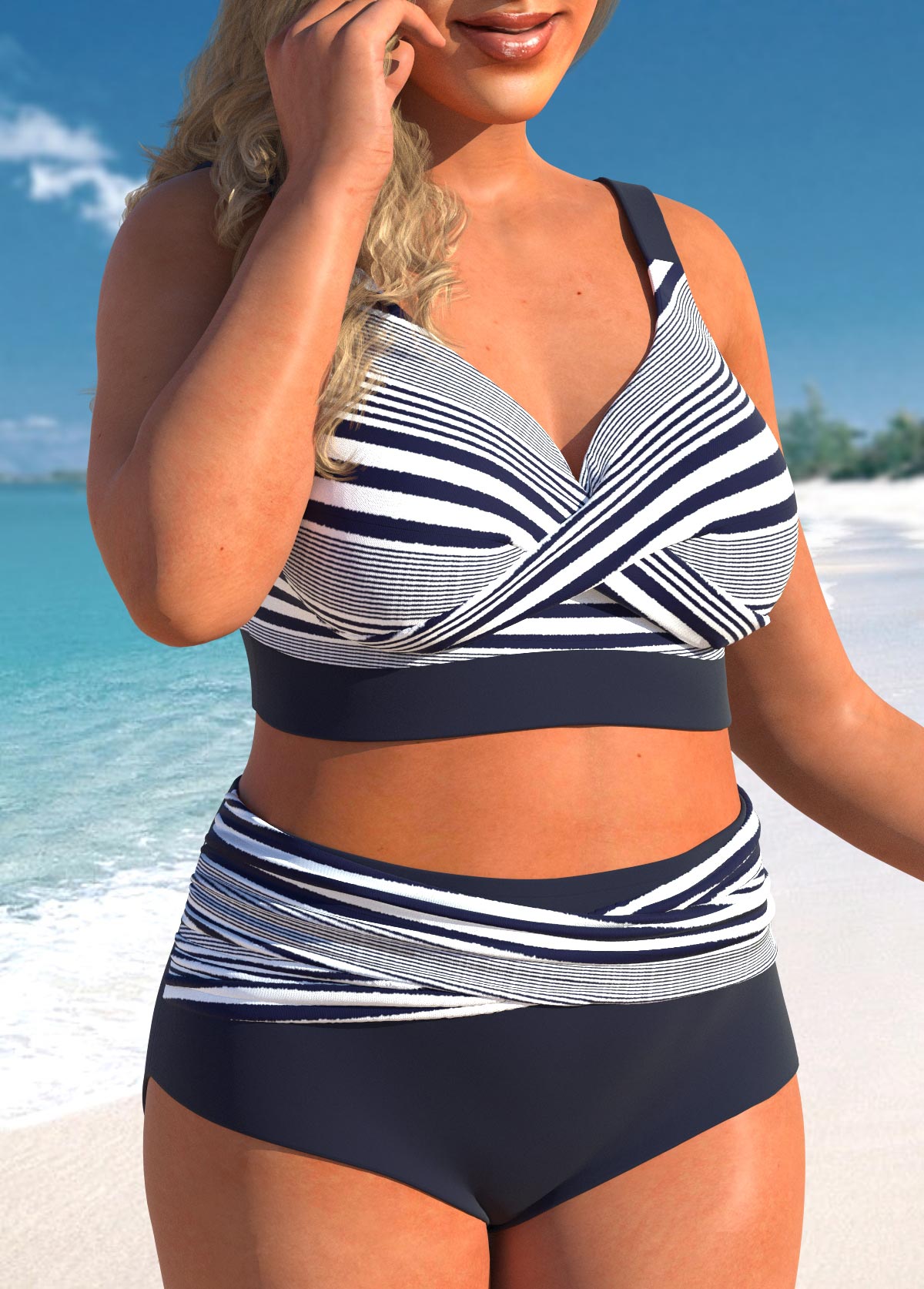 Navy plus size,White plus size,Striped plus size,Geometric plus size,ROTITA Plus Size Criss Cross Striped Navy Bikini Set